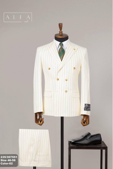 Alfa Suit Bej Çizgili Kruvaze Takım Elbise | Modern Çizgili Zarafet