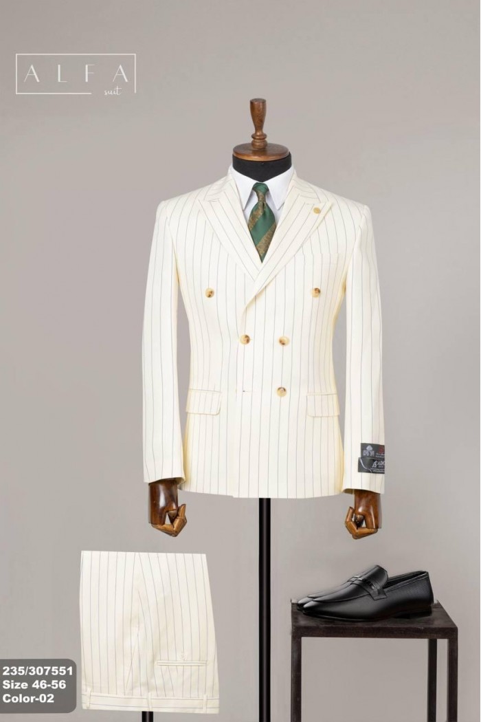 Alfa Suit Bej Çizgili Kruvaze Takım Elbise | Modern Çizgili Zarafet