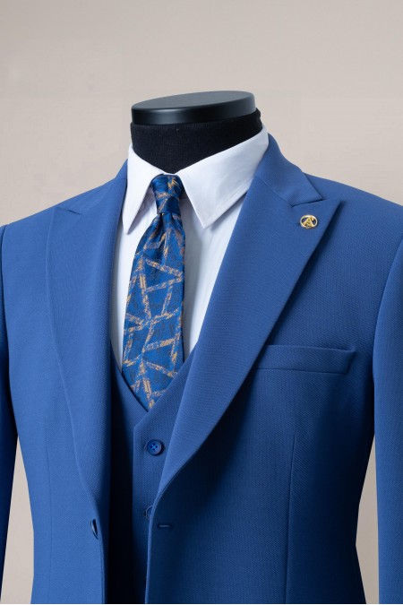 İndigo Slim Fit Yelekli Takım Elbise | Alfa Suit