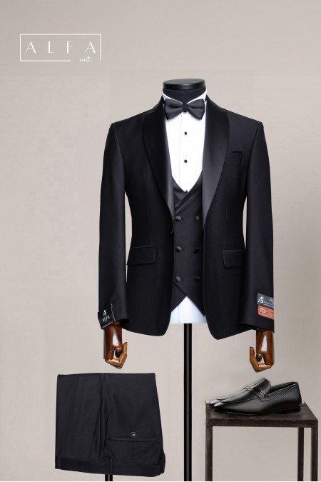 Alfa Suit Siyah Yelekli Papyonlu Damatlık | Klasik ve Zamansız Şıklık
