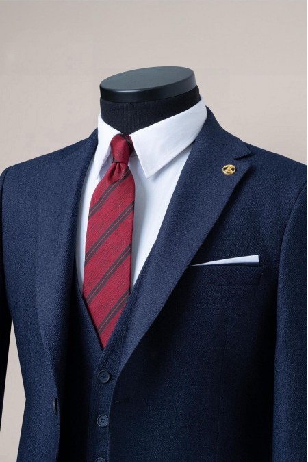 Alfa Suit Koyu Lacivert İki Düğme Klasik Yelekli Takım Elbise | Zamansız Şıklığın Adı