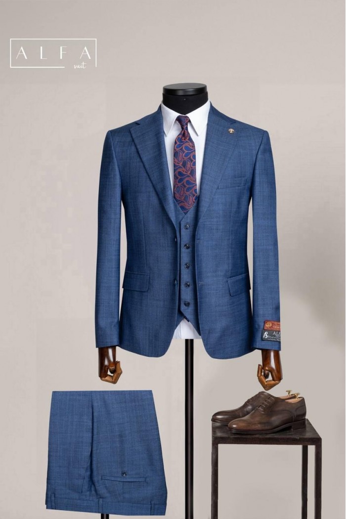 Alfa Suit Slim Fit Mavi Düz Takım Elbise | Özel Üretim Koleksiyonu