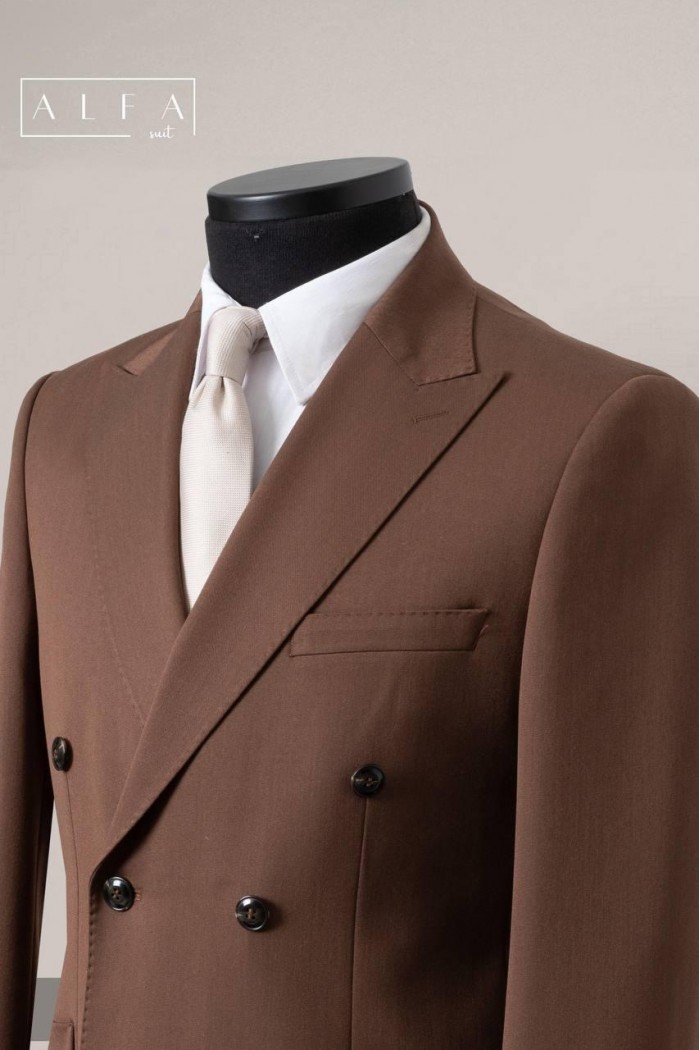 Kahverengi Kruvaze Alfa Suit Takım Elbise | Modern & Zarif Slim Fit