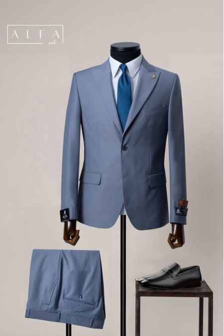 Alfa Suit Slim Fit Mavi Düz Takım Elbise | Premium Koleksiyon