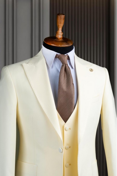 Alfa Suit Tek Düğme Yelekli Tatlı Sarı Kruvaze Takım Elbise | Fresh ve Modern Şıklık