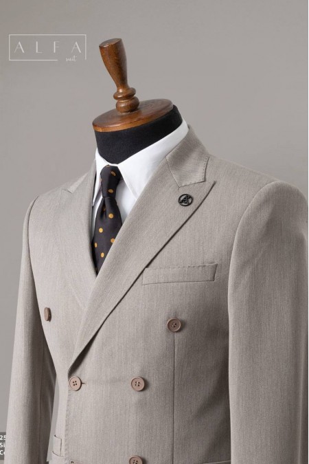 Alfa Suit Bej Kruvaze Takım Elbise | Power Suit Serisi