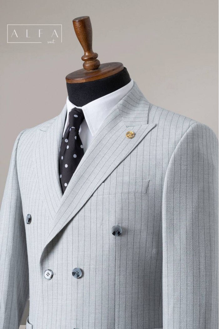 Alfa Suit Gri Çizgili Kruvaze Takım Elbise | Power Suit Serisi