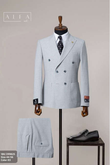 Alfa Suit Gri Çizgili Kruvaze Takım Elbise | Power Suit Serisi