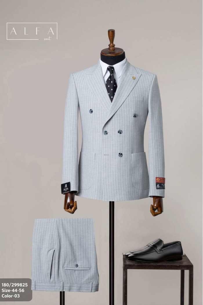 Alfa Suit Gri Çizgili Kruvaze Takım Elbise | Power Suit Serisi