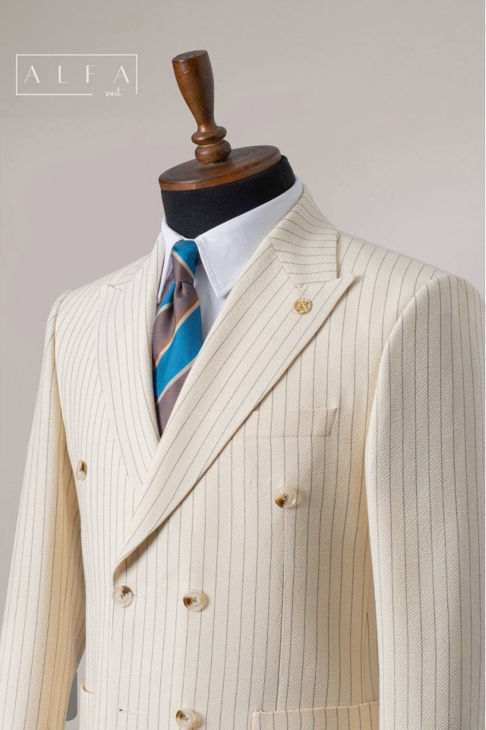 Alfa Suit Bej Çizgili Kruvaze Takım Elbise | Power Suit Serisi
