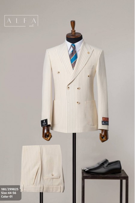 Alfa Suit Bej Çizgili Kruvaze Takım Elbise | Power Suit Serisi
