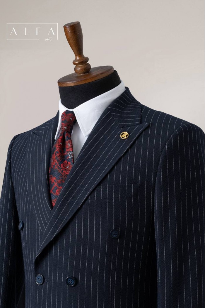 Alfa Suit Lacivert Çizgili Kruvaze Takım Elbise | Power Suit Serisi