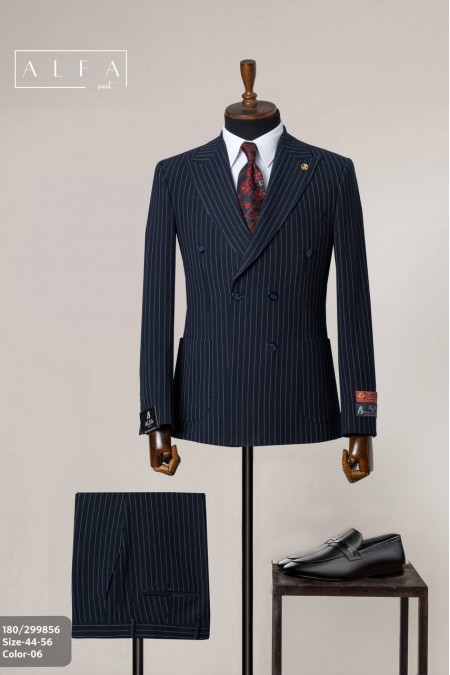 Alfa Suit Lacivert Çizgili Kruvaze Takım Elbise | Power Suit Serisi
