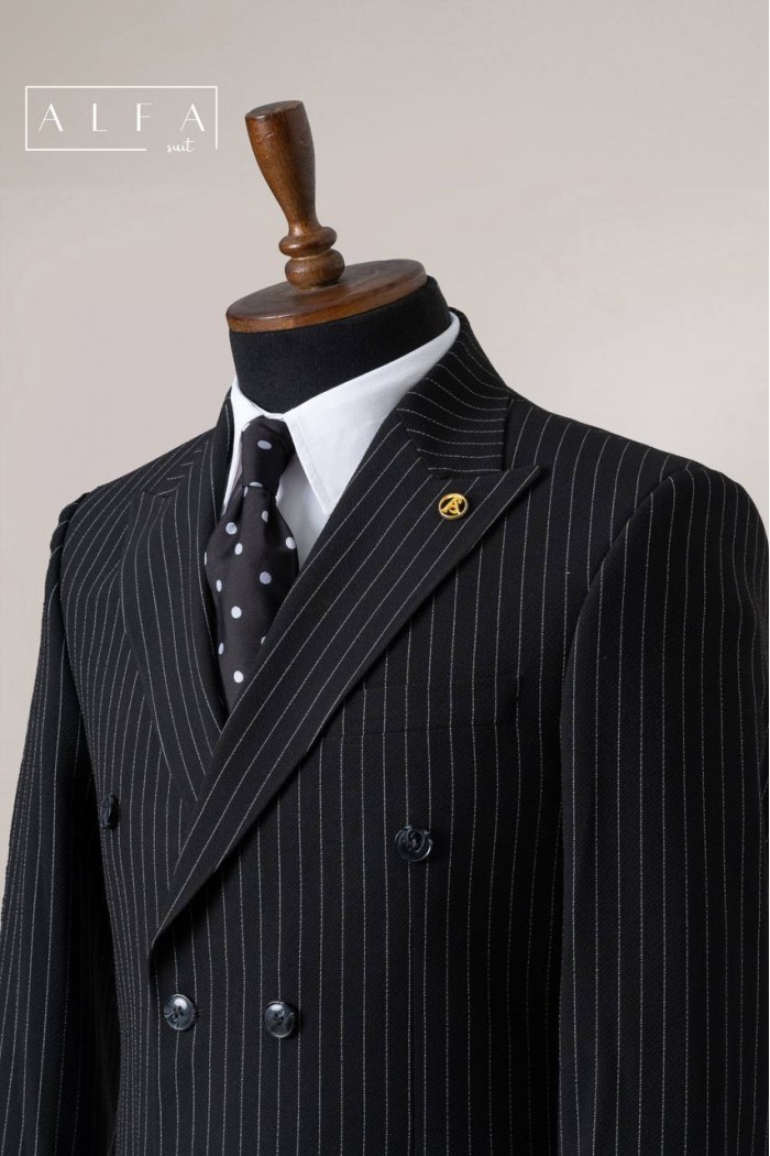 Alfa Suit Siyah Çizgili Kruvaze Takım Elbise | Power Suit Serisi