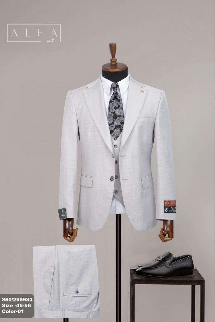 Alfa Suit Slim Fit Açık Gri Düz Takım Elbise