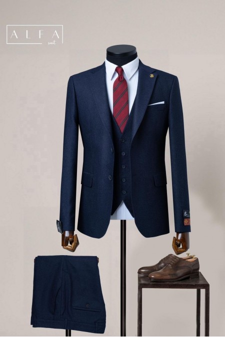 Alfa Suit Koyu Lacivert İki Düğme Klasik Yelekli Takım Elbise | Zamansız Şıklığın Adı