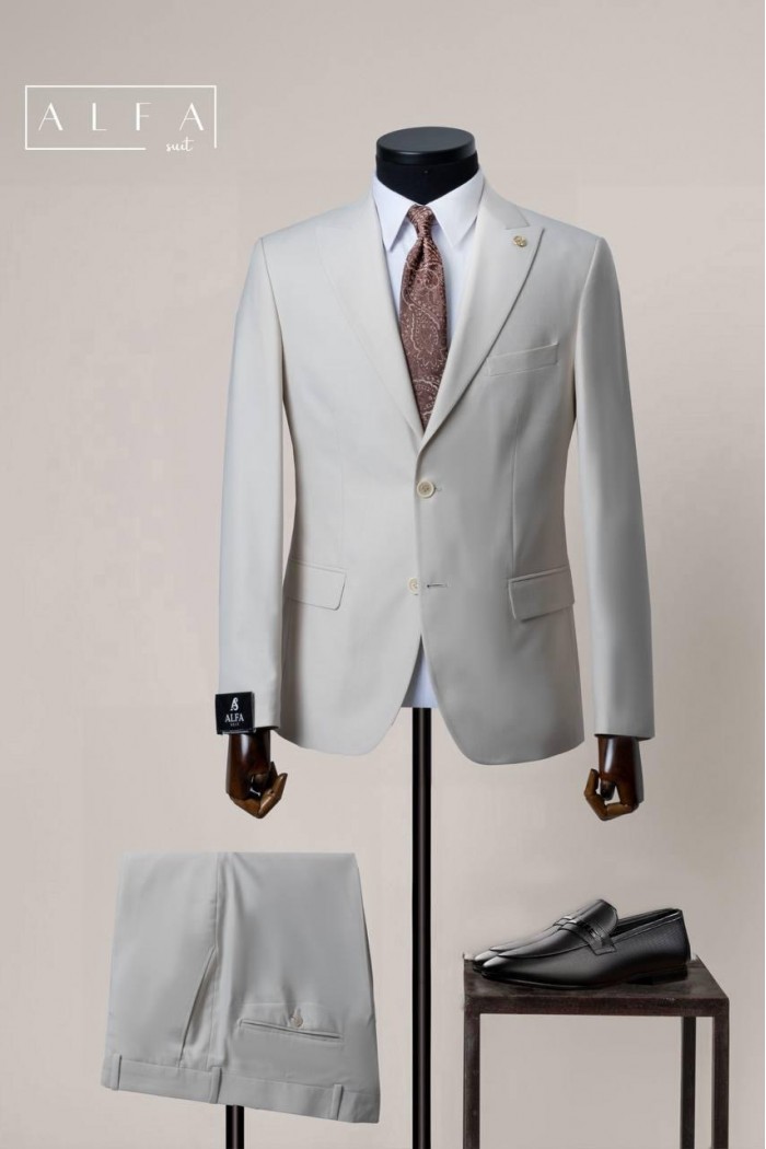 Alfa Suit Slim Fit Açık Gri Düz Takım Elbise