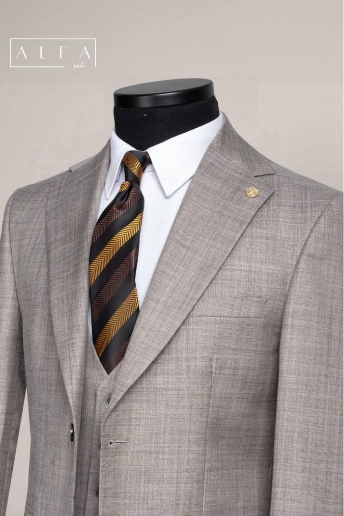 Alfa Suit Slim Fit Açık Gri Düz Takım Elbise