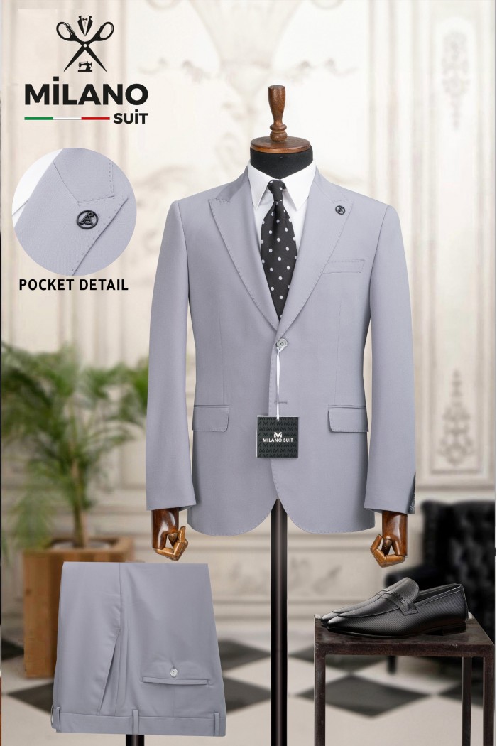 Alfa Suit Slim Fit Açık Gri Düz Takım Elbise