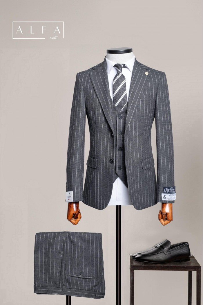 Alfa Suit Slim Fit Açık Gri Düz Takım Elbise