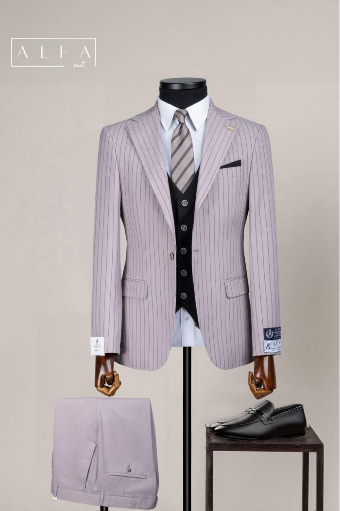 Alfa Suit Slim Fit Açık Gri Düz Takım Elbise