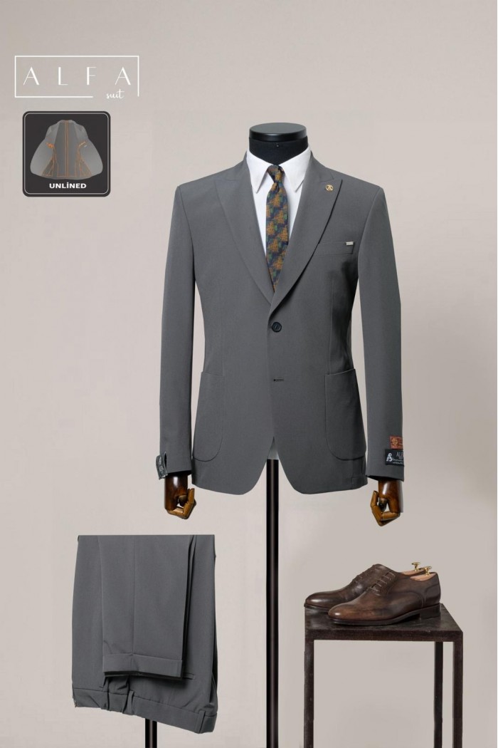 Alfa Suit Slim Fit Açık Gri Düz Takım Elbise