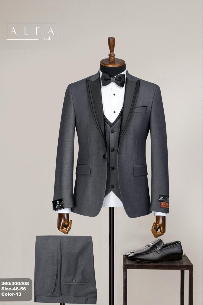 Alfa Suit Slim Fit Açık Gri Düz Takım Elbise