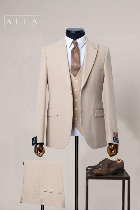 Bej Slim Fit Yelekli Takım Elbise | Alfa Suit