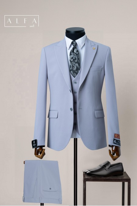 Açık Gri Slim Fit Yelekli Takım Elbise - Şık ve Klasik Tarz