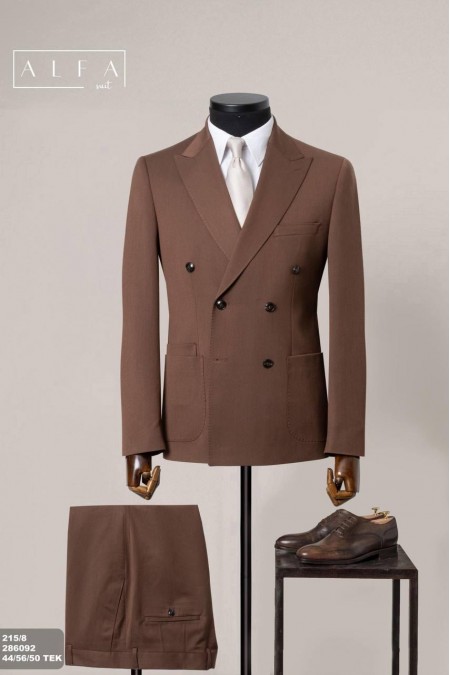 Kahverengi Kruvaze Alfa Suit Takım Elbise | Modern & Zarif Slim Fit