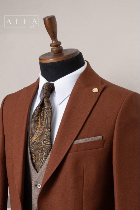 Alfa Suit Slim Fit Kahverengi Düz Takım Elbise