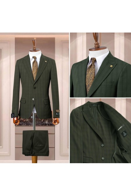 Alfa Suit Haki Kendinden Desenli İki Düğme Slim Fit Takım Elbise | Modern Klasik Tarz