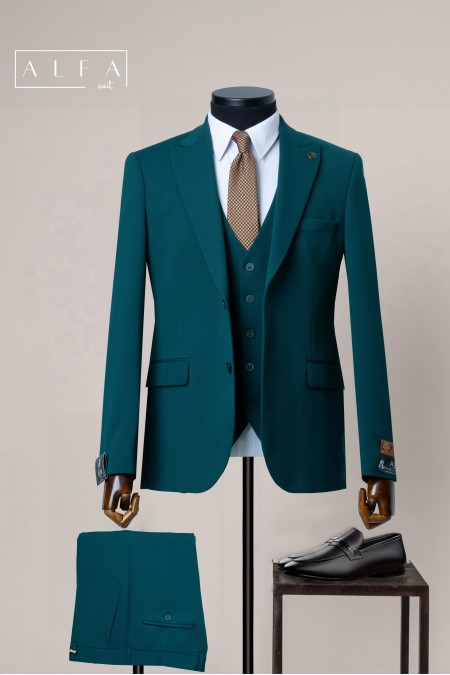 Zümrüt Yeşili İki Düğme Sivri Yaka Yelekli Takım Elbise