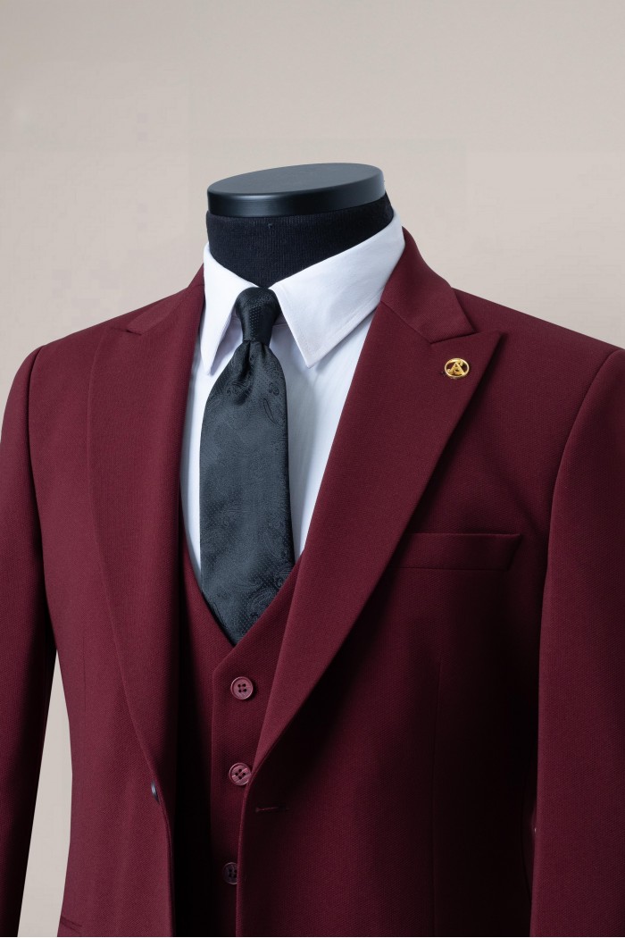 örme 70046-2424 bordo 2 Düğme Sivri Yaka Yelekli Takım Elbise