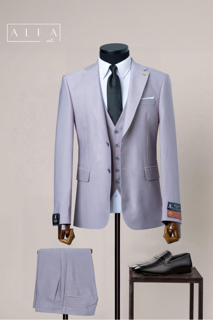 Alfa Suit Slim Fit Açık Gri Düz Takım Elbise