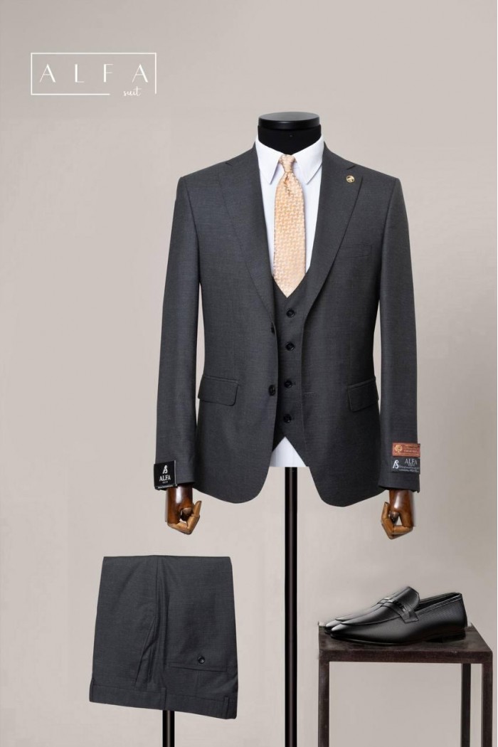 Alfa Suit Slim Fit Açık Gri Düz Takım Elbise