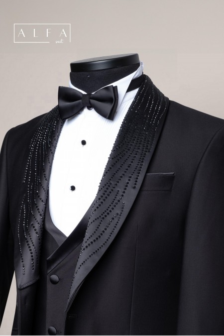 Alfa Suit Siyah Yelekli Taşlı Damatlık Takım Elbise | Özel Koleksiyon