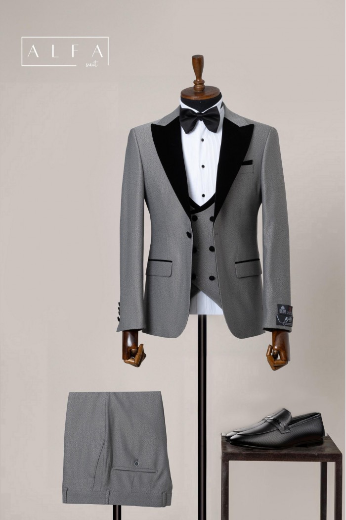 Alfa Suit Slim Fit Açık Gri Düz Takım Elbise