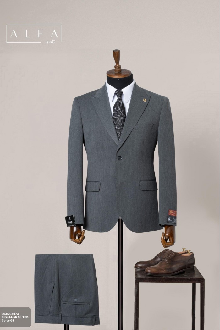 Alfa Suit Slim Fit Açık Gri Düz Takım Elbise