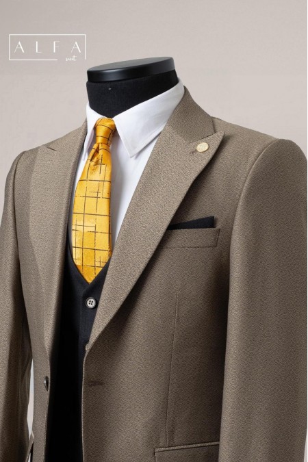 Alfa Suit Slim Fit Kahverengi Düz Takım Elbise