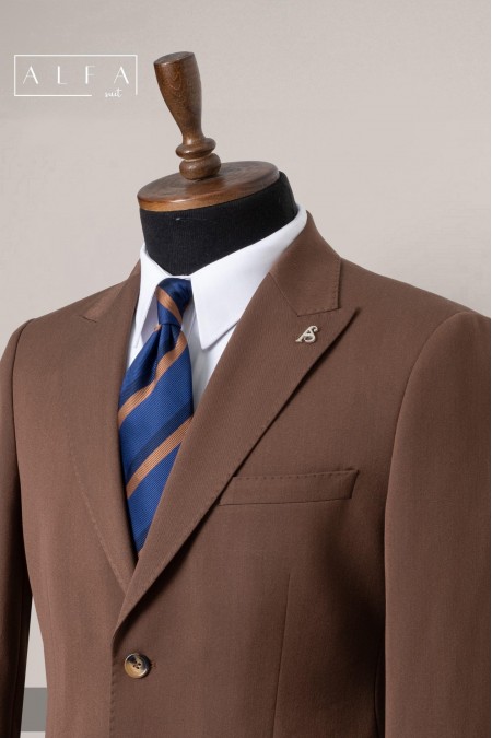 Alfa Suit Slim Fit Kahverengi Düz Takım Elbise