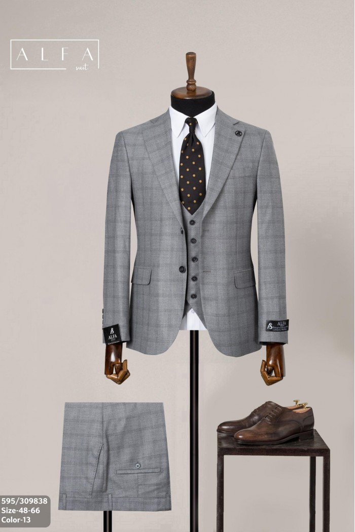 Alfa Suit Slim Fit Açık Gri Düz Takım Elbise
