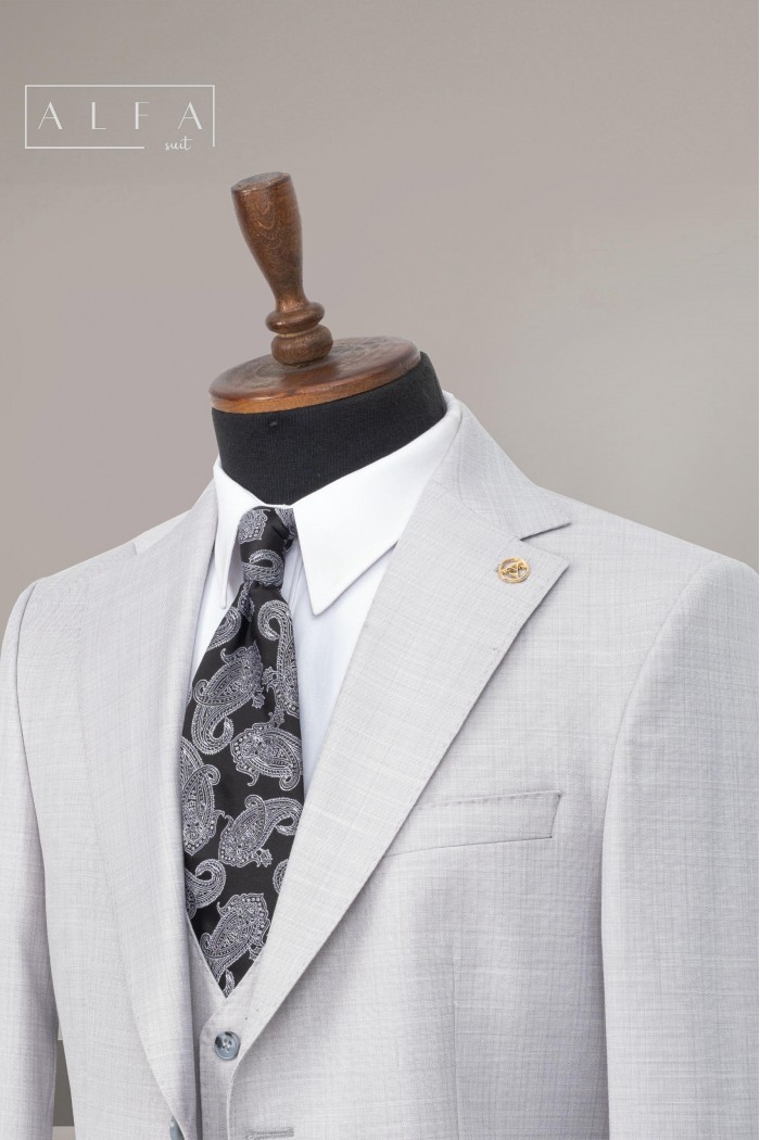 Alfa Suit Slim Fit Açık Gri Düz Takım Elbise