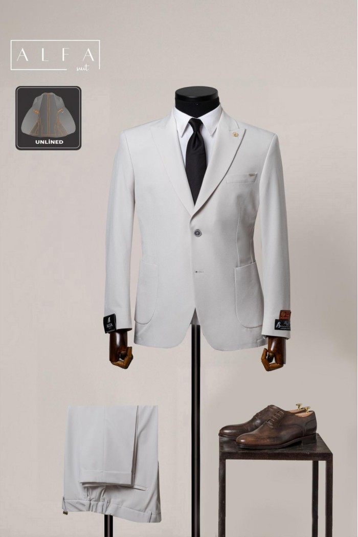 Alfa Suit Slim Fit Açık Gri Düz Takım Elbise
