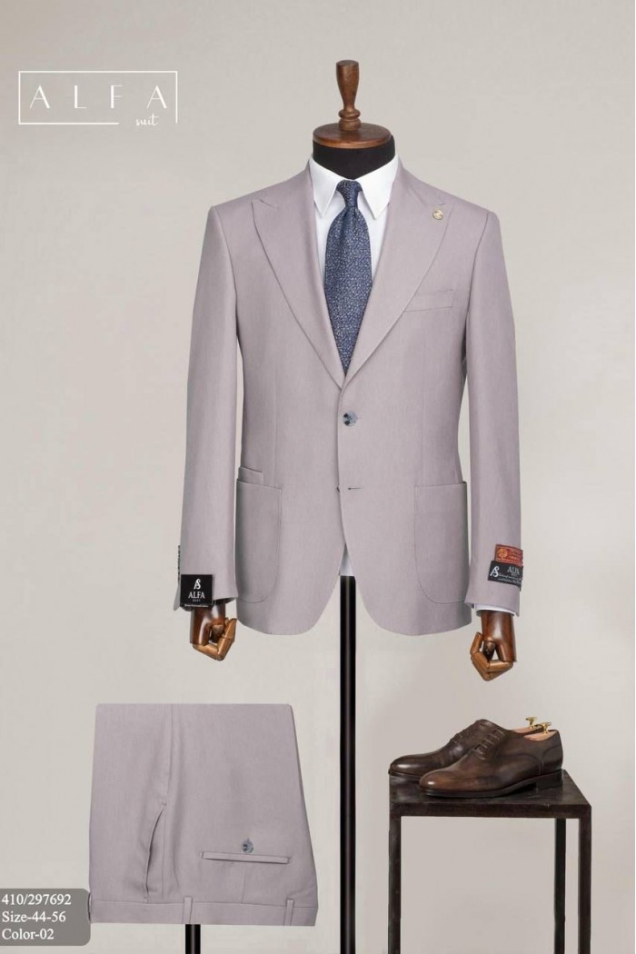 Alfa Suit Slim Fit Açık Gri Düz Takım Elbise