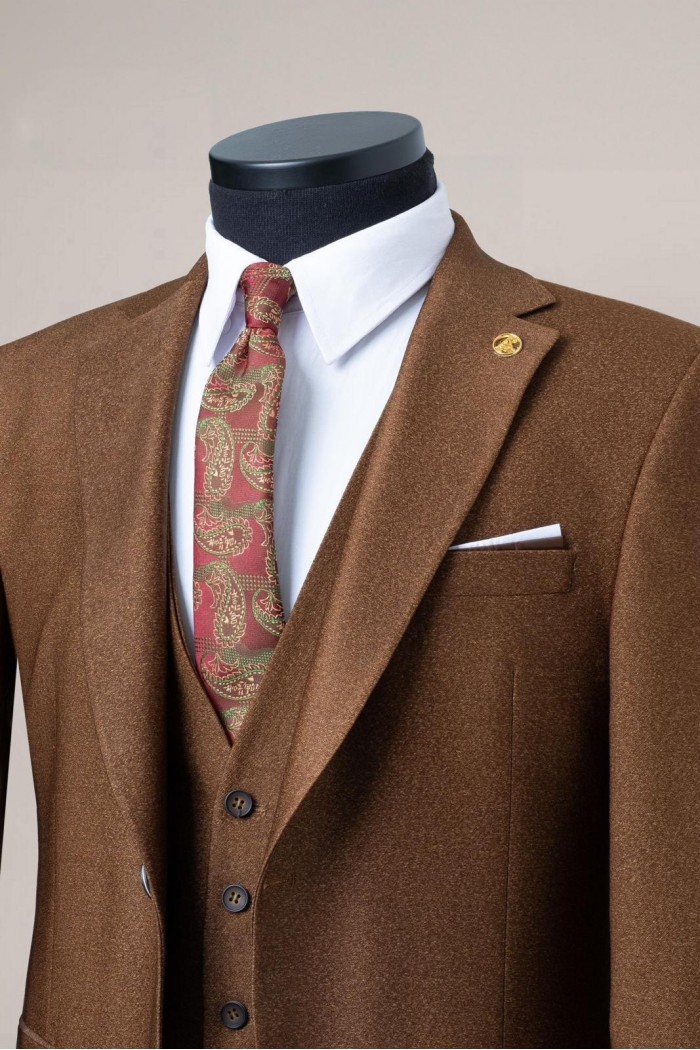 Alfa Suit Slim Fit Kahverengi Düz Takım Elbise