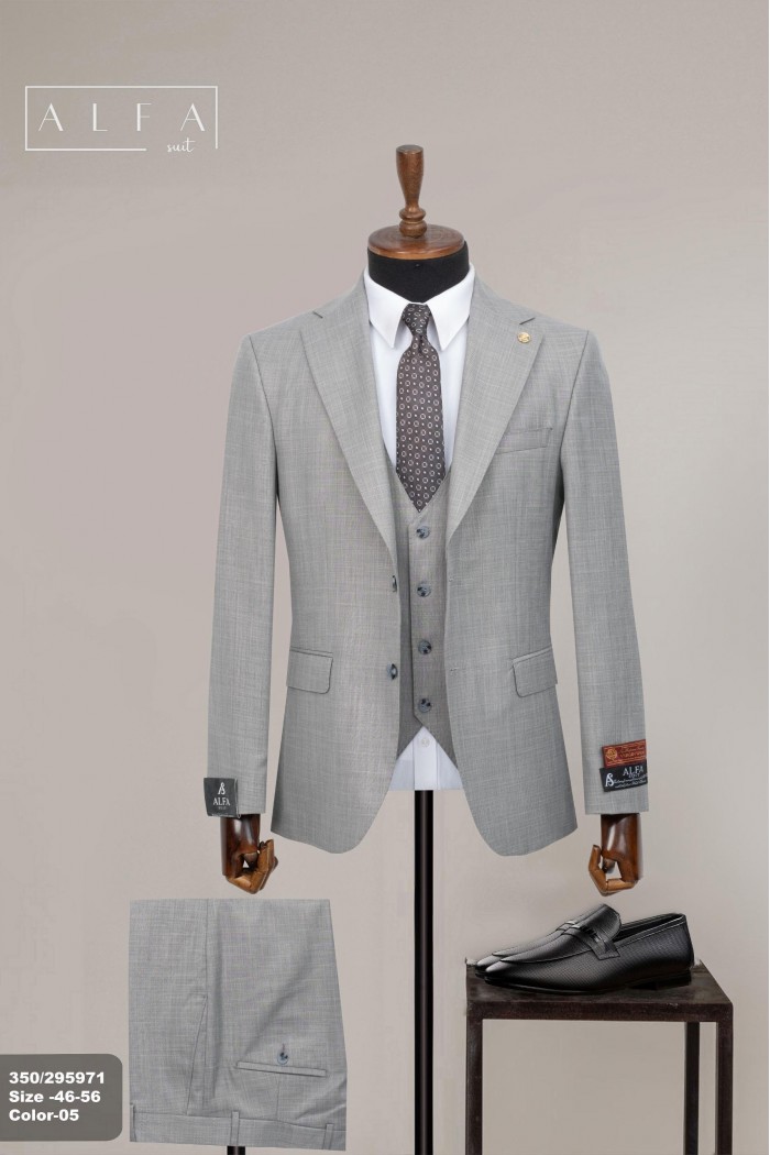 Alfa Suit Slim Fit Açık Gri Düz Takım Elbise