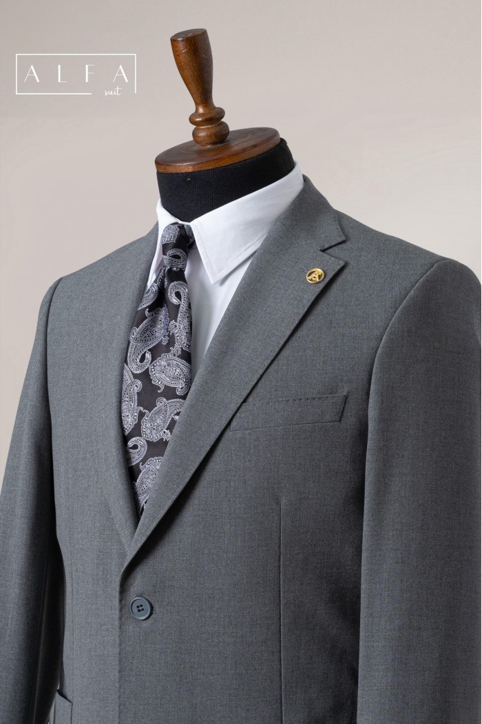 Alfa Suit Slim Fit Açık Gri Düz Takım Elbise