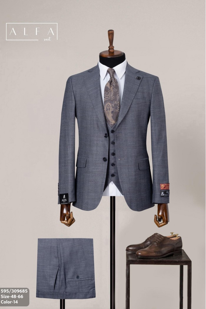 Alfa Suit Slim Fit Açık Gri Düz Takım Elbise