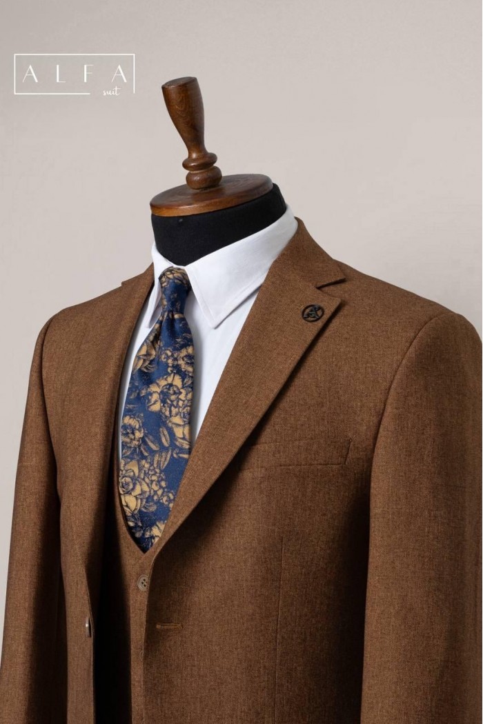 Alfa Suit Slim Fit Kahverengi Düz Takım Elbise